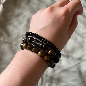 Fashion 3pcs Black Beads Bracelet Bangle Jewelry Gift For Men And Women